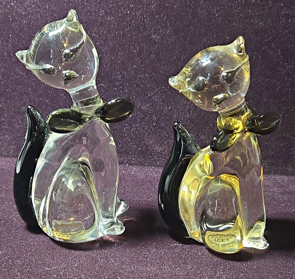 VTG ICET Arte Murano Glass Cat Figurines Clear Black Bow Tie Pair Both Labeled